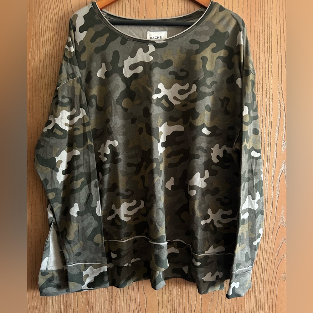 RACHEL HOLLIS NEW XL.Camo Made for More French Terry Sweater Sweatshirt Top NWOT
